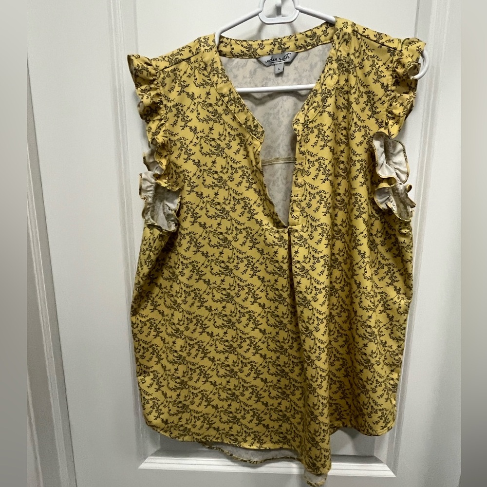 Eden Ruth V Neck Ruffle Sleeve Blouse Yellow With Purple Black Flowers Size L
